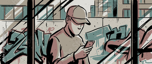 Illustrated man in a casual sweatshirt and cap looks at his mobile phone with a smile, seen through a window with city reflections in a gritty, urban comic book style