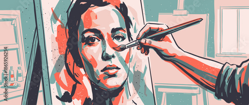 Colorful pop art style portrait painting of a woman being created by an artist's hand with a brush on an easel in a modern, graphic, and expressive illustration