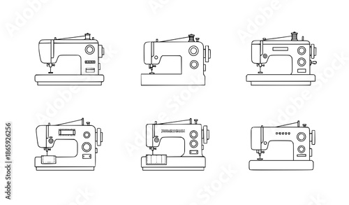 Flat fabric sewing machine vector icon set for web, apps, and graphic design
