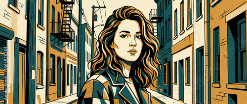 Beautiful young woman with long wavy hair stands in a city alley in a graphic novel style illustration with bold lines and a limited color palette of teal and ochre