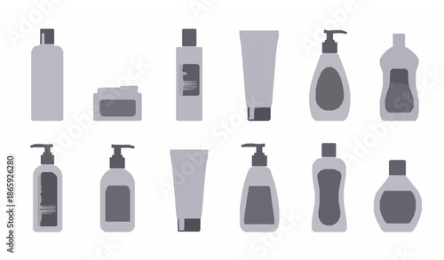 Flat realistic vector mockup set of 16 shampoo and body care bottles for web and e-commerce