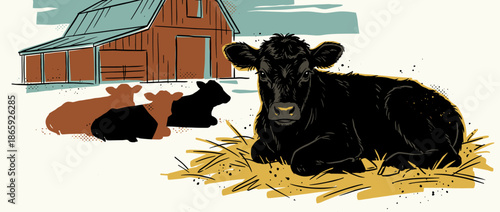 Young black calf with detailed fur lies on a pile of straw, looking forward in a stylized graphic illustration of a peaceful farmyard with a classic red barn