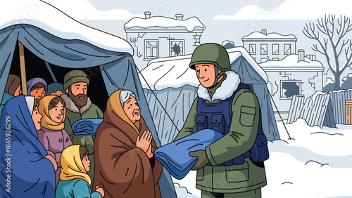 Soldiers distributing blankets in winter relief mission, flat vector illustration emphasizing humanitarian care, compassion, crisis response, and military support for vulnerable civilians