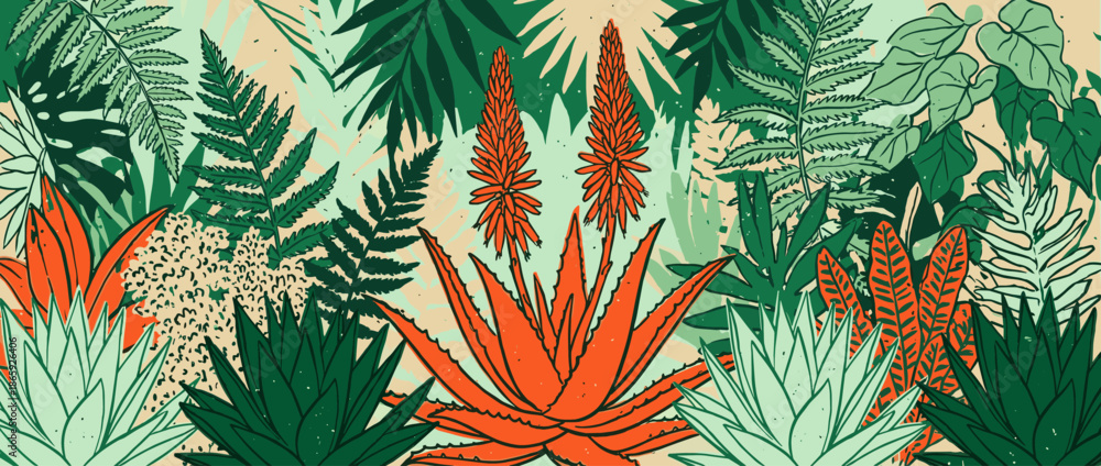 Naklejka premium Stylized botanical illustration of a lush jungle with vibrant orange blooming aloe vera, green ferns, and various tropical leaves in a dense, decorative, hand-drawn panoramic design
