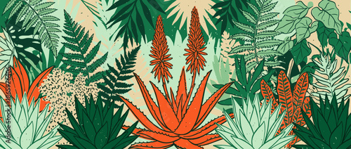 Stylized botanical illustration of a lush jungle with vibrant orange blooming aloe vera, green ferns, and various tropical leaves in a dense, decorative, hand-drawn panoramic design