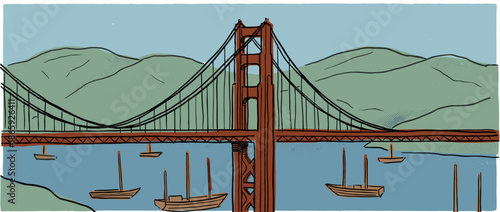 Large red suspension bridge illustration in a hand-drawn style, crossing a wide body of water with several small boats sailing near distant green rolling hills