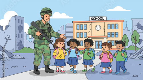 Soldiers escorting children to school in conflict area, flat vector illustration showing humanitarian military protection, hope, safety, and commitment to civilian life