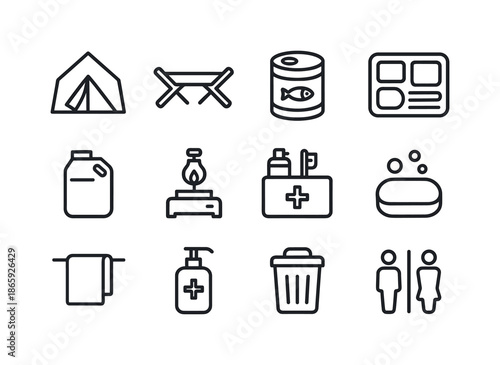 Evacuation Center Icons. evacuation center. Line icon set of evacuation center: shelter tent, cot bed, food can, meal tray, water jug, portable stove, hygiene