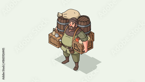 An industrious medieval merchant, heavily laden with assorted goods including barrels, sacks, and fresh produce in crates, travels to market, symbolizing historical commerce and trade
