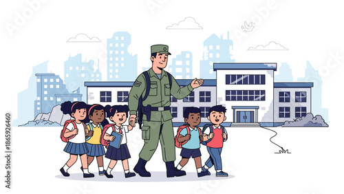 Soldiers escorting children to school in conflict area, flat vector illustration showing humanitarian military protection, hope, safety, and commitment to civilian life