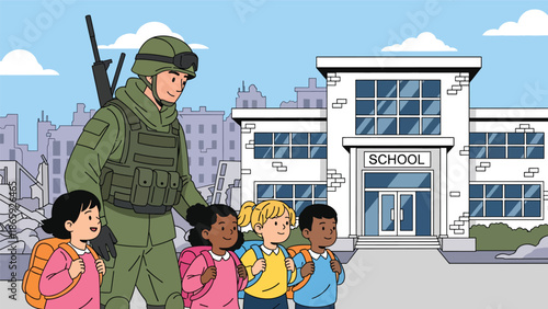 Soldiers escorting children to school in conflict area, flat vector illustration showing humanitarian military protection, hope, safety, and commitment to civilian life
