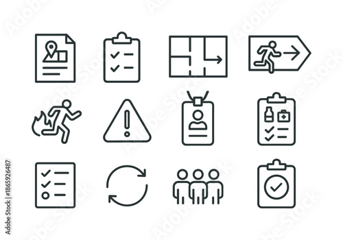 Evacuation Icons Set. evacuation center. Line icon set of evacuation center: planning sheet, clipboard check, floor plan, route layout, emergency drill icon,