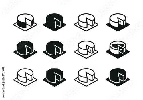 Cheese Platter Icons. Cheese platter. Icon set. Set Logo of cheese platter: gouda round. harmonious logo variations of the same emblematic concept, each with