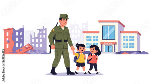 Soldiers escorting children to school in conflict area, flat vector illustration showing humanitarian military protection, hope, safety, and commitment to civilian life