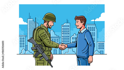 Soldier lowering weapon to shake hands with civilian, flat vector illustration symbolizing peace, humanity, reconciliation, and compassionate military engagement
