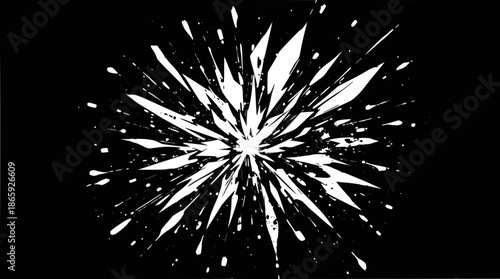 Dynamic black and white abstract image featuring a central explosive burst of ink splatters and sharp lines, creating a powerful visual impact.