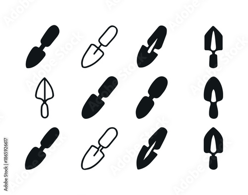 Gardener Logo Variations. Gardener. Icon set. Set Logo of gardener: garden trowel. harmonious logo variations of the same emblematic concept, each with