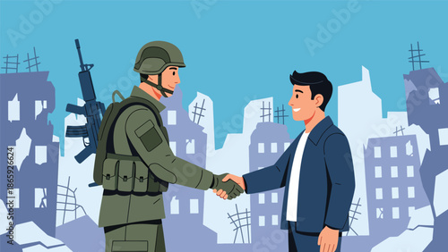 Soldier lowering weapon to shake hands with civilian, flat vector illustration symbolizing peace, humanity, reconciliation, and compassionate military engagement