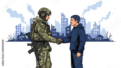 Soldier lowering weapon to shake hands with civilian, flat vector illustration symbolizing peace, humanity, reconciliation, and compassionate military engagement