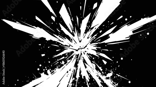 White abstract starburst splash on a black background, dynamic grunge texture element.