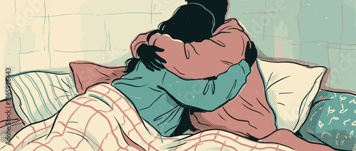 Graphic illustration of a couple embracing tightly in bed, showing a moment of intimacy, comfort, and emotional support in a retro comic style