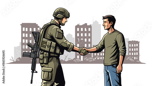 Soldier lowering weapon to shake hands with civilian, flat vector illustration symbolizing peace, humanity, reconciliation, and compassionate military engagement