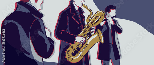 Stylish jazz band of three musicians playing saxophone and flute in a cool, retro graphic illustration style with a limited color palette and halftone textures