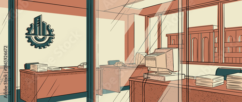 Retro comic book style illustration of an empty vintage corporate office with old computers and telephones on desks, viewed through a glass wall with reflections