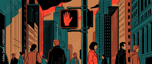 Crowd of diverse pedestrians waiting at a city crosswalk under a glowing red hand 'Don't Walk' signal in a stylized, graphic illustration of an urban cityscape