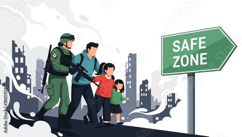 Soldiers protecting civilians during evacuation to safe area, vector illustration highlighting humanitarian defense, compassion, bravery, and military commitment to civilian safety