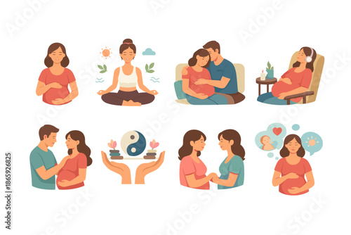 Pregnant women and couples in various nurturing activities