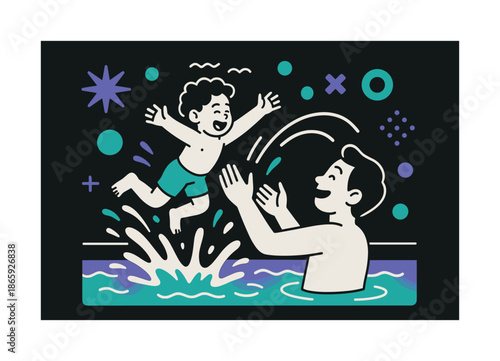 Poolside Joy. Splash moment. A child jumps into a parent?s arms in the pool; water arcs brighten the scene. Floating shapes emphasize excitement. Modern