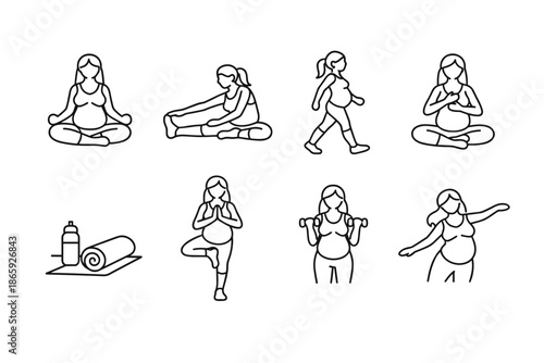 Line art illustrations of pregnant women doing various exercises