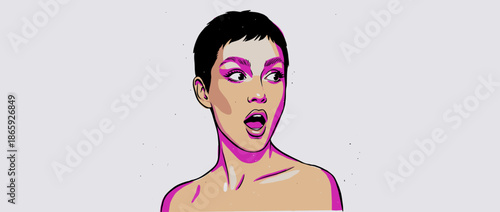 Surprised young woman with a pixie haircut and an astonished expression in a vibrant pop art style, featuring dramatic pink highlights and bold comic book line art
