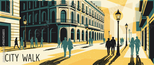 Stylized vector illustration of a city street with people walking past historic buildings on a sunny day with long shadows and a limited color palette