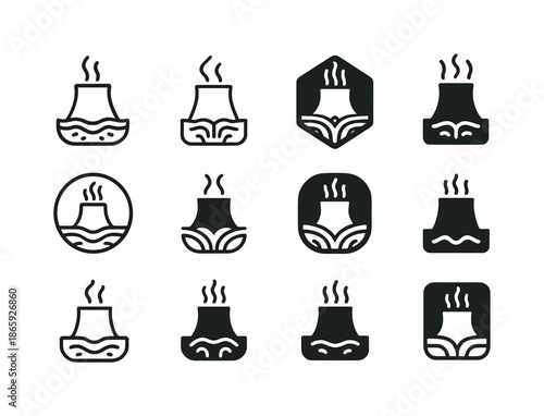 Sustainable Energy Logos. Sustainable energy solutions. Icon set. Set Logo of sustainable energy solutions: Geothermal plant. harmonious logo variations of the
