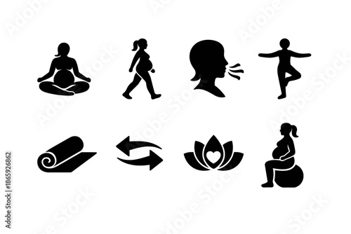 Silhouette icons of pregnant women exercising and yoga symbols