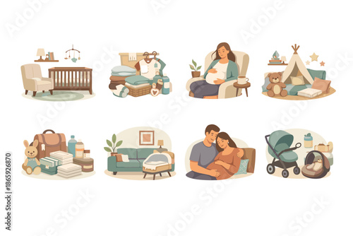 Pregnancy and nursery preparation illustrated concepts set