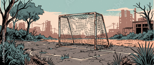 Rusty abandoned soccer goal with a tattered net sits on a cracked, overgrown pitch in a desolate industrial landscape with a graphic novel illustration style