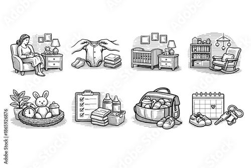 Hand-drawn illustrations of nursery setup and baby essentials