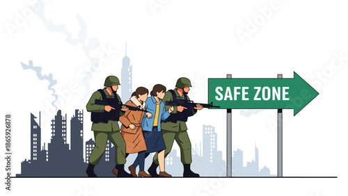 Soldiers protecting civilians during evacuation to safe area, vector illustration highlighting humanitarian defense, compassion, bravery, and military commitment to civilian safety