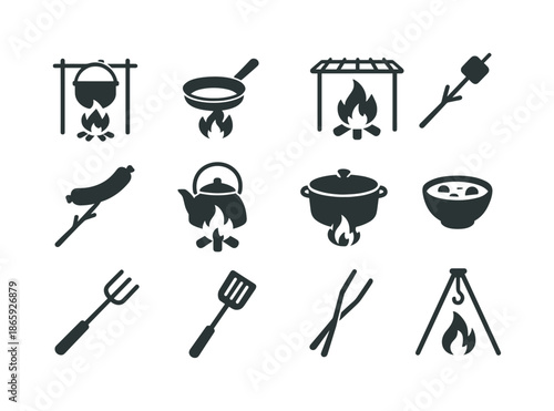 Campfire Cooking Icons. Campfire cooking. Solid icon set of Campfire cooking: pot over fire, pan over fire, grill grate over fire, marshmallow on stick, hotdog