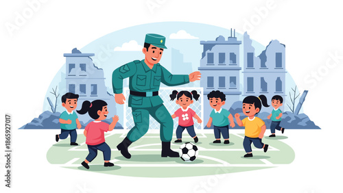 Soldiers playing soccer with local children, vector illustration showing humanity, joy, compassion, and positive community connection within military humanitarian missions