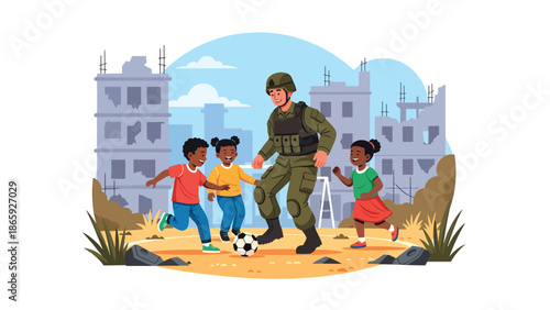 Soldiers playing soccer with local children, vector illustration showing humanity, joy, compassion, and positive community connection within military humanitarian missions