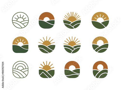 May Morning Logo Variations. May morning in the countryside. Icon set. Set Logo of May morning in the countryside: sunrise over rolling hills. harmonious logo
