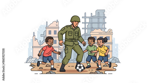 Soldiers playing soccer with local children, vector illustration showing humanity, joy, compassion, and positive community connection within military humanitarian missions