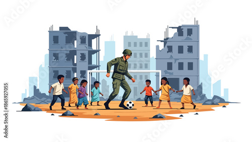 Soldiers playing soccer with local children, vector illustration showing humanity, joy, compassion, and positive community connection within military humanitarian missions