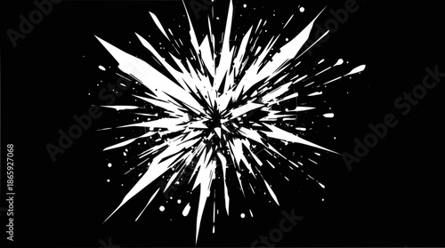 Abstract black and white graphic depicting a dynamic explosion or shattering effect with sharp white fragments and splatters.