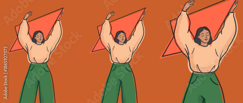 Three illustrated women in a repeating pattern stretch their arms up with serene expressions in a retro, hand-drawn style with halftone dot shading and a warm color palette