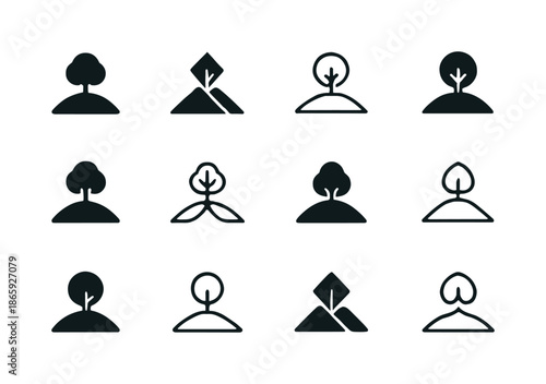 Hill Logo Variations. Hill. Icon set. Set Logo of Hill: hilltop tree. harmonious logo variations of the same emblematic concept, each with different artistic